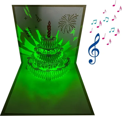 Vista 15 de Tarjetas de cumpleaños 3D desplegables, reproducción automática 3D de colores cambiables, música ligera, tarjetas de pastel de cumpleaños emergentes