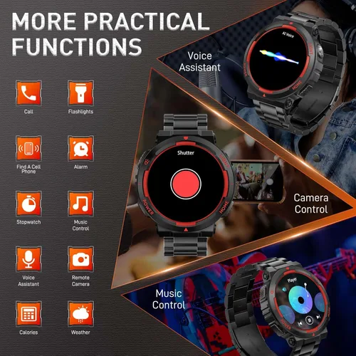 Vista 8 de Relojes inteligentes militares para hombres (responder/hacer llamadas) con linterna LED 3ATM resistente al agua reloj inteligente con más de 100