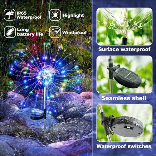 Vista 5 de Anordsem Luces Solares para Exteriores Decorativas: Alambre de Cobre Flexible con 120 Perlas LED de Fuegos Artificiales - Impermeables, DIY