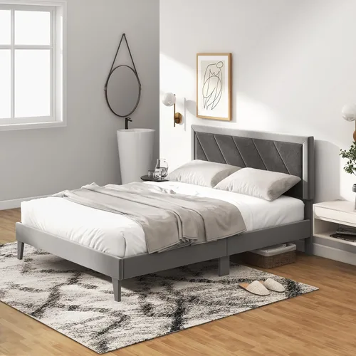 Vista 9 de Giantex Base de cama de terciopelo tamaño Queen con cabecero, moderna plataforma tapizada, base de colchón con 12 listones de madera fuertes,