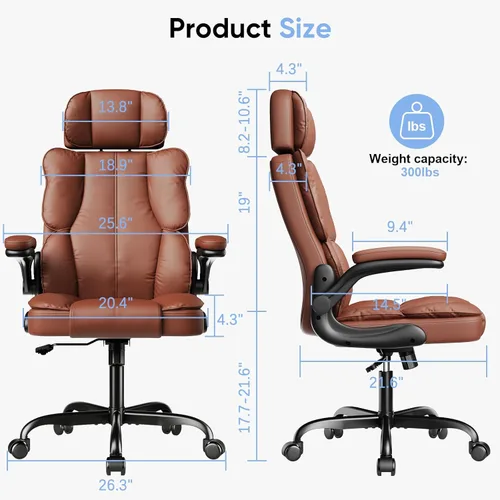 Vista 2 de Silla de oficina ejecutiva de cuero, silla de computadora con cojín grueso y soporte lumbar, silla de escritorio ergonómica con reposacabezas