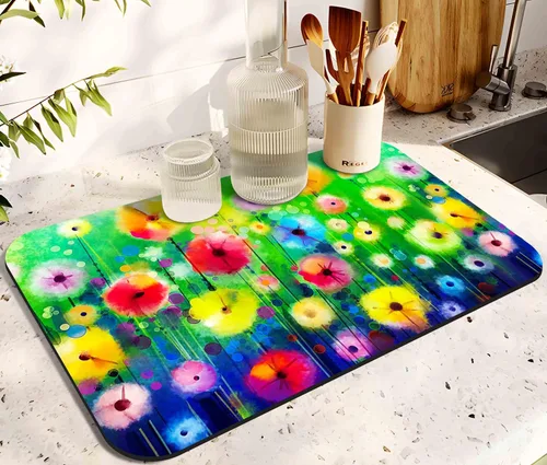 Vista 9 de Tapete de secado de platos de goma para encimera de cocina grande con diseño de limón, lavable, almohadilla de secado rápido para el hogar y café