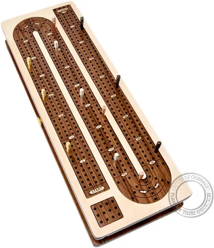Vista 2 de House of Cribbage - Tabla continua para cuna con incrustaciones de 4 pistas de arce/madera de teca con tapas deslizantes y cajón