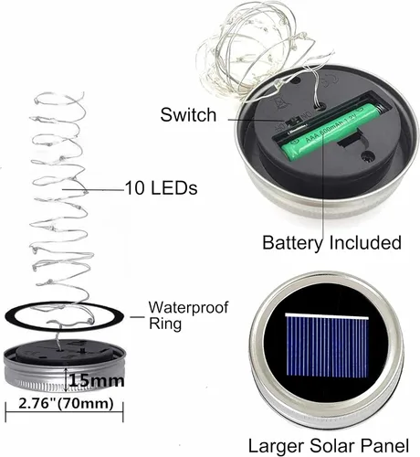 Vista 3 de Decorman Luces Solares para Tapas de Frascos Mason, Paquete de 6, 10 LED Luces de Cuerda Impermeables con Hadas Estrella Luciérnaga para Tapas