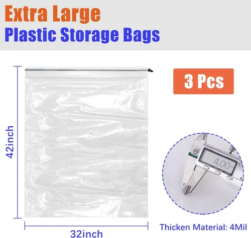 Vista 2 de Bolsas de plástico transparentes extra grandes con cordón de 32 x 42 pulgadas, paquete de 3 (4 mil), a prueba de polvo, a prueba de humedad