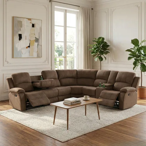 Vista 14 de Juego de sofá seccional reclinable manual, juegos de muebles de sala de estar de cuero regenerado en forma de L, sofá de esquina seccional