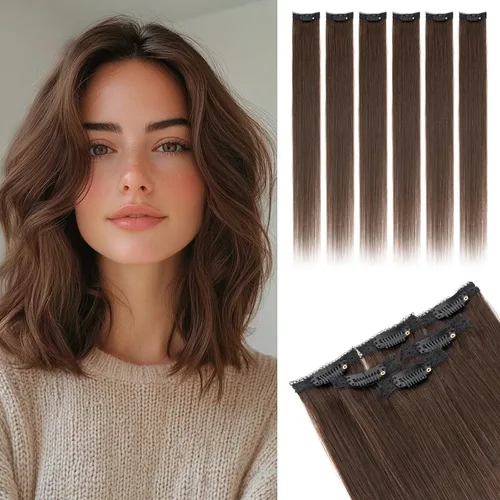 Vista 33 de Rich Choices Extensiones de cabello humano real con clip de 6 piezas, diseño de clip único, extensiones invisibles con clip para cabello corto