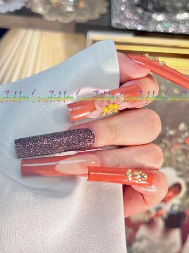 Vista 4 de HAND-PAINTED Brown Square Press on Nails - Short French Tips & Coffin Fake Nails Kit Handmade Medium Press on Nails with Glue for Girls, Handmade