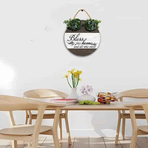 Vista 7 de Letrero con texto en inglés "Bless This Home and All Who Enter de 11 x 11", divertidas coronas colgantes de madera, decoración de cocina para pared