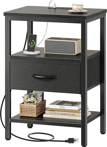 Vista 22 de SUPERJARE - Juego de 2 mesitas de noche con base de carga, cajón de tela ajustable, mesita de noche para dormitorio, de 3 niveles, para sala