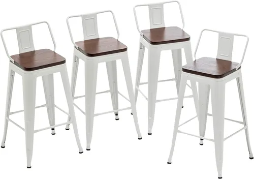 Vista 11 de Yongqiang Taburetes de bar de metal con respaldo, juego de 4 taburetes de altura de encimera de cocina con asiento de madera de 24 pulgadas, negro