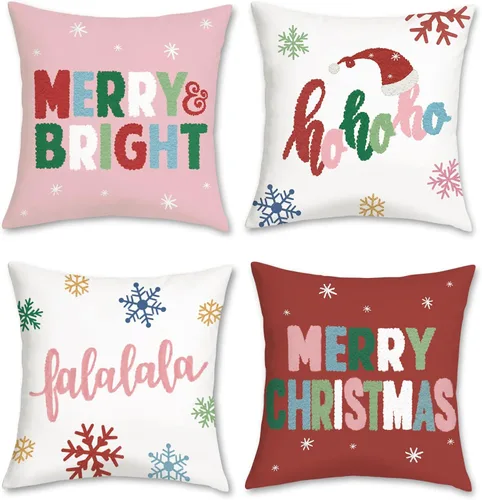 Vista 7 de Bonhause Juego de 4 fundas de almohada rojas de Navidad de 18 x 18 pulgadas, almohadas decorativas de Navidad para sofá, cama, decoración del hogar