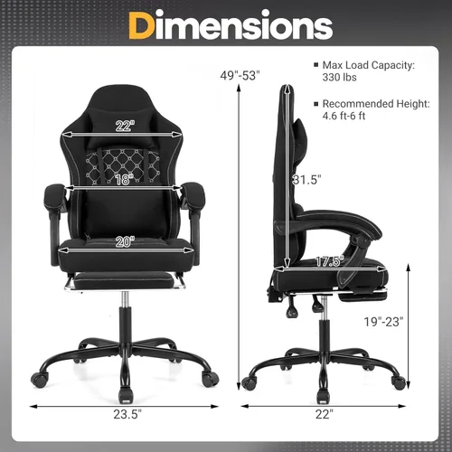 Vista 3 de Giantex Silla de juegos, silla ergonómica para computadora con reposacabezas, soporte lumbar, reposabrazos de conexión, respaldo reclinable