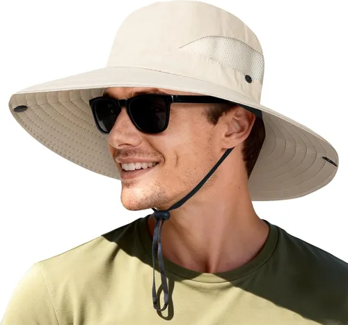 NPJY Sun Bucket Hats Wide Brim Fishing Hat UPF 50+ Beige
