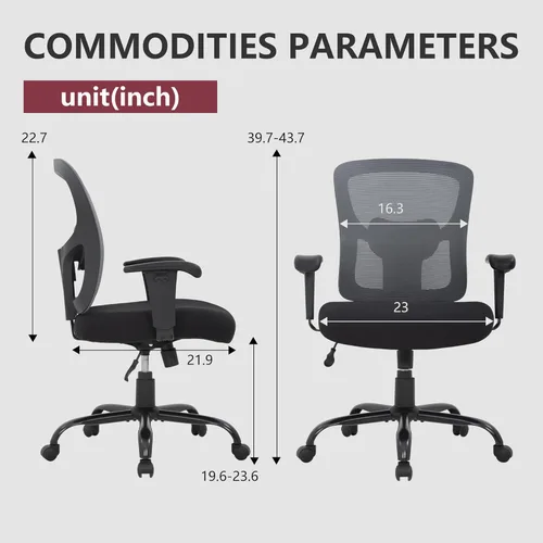 Vista 3 de Silla de oficina grande y alta, silla de escritorio de 400 libras, silla de computadora de malla con soporte lumbar, asiento ancho, brazos