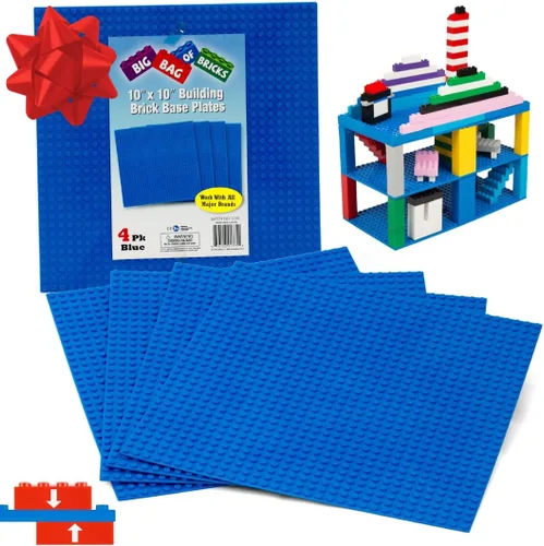 Vista 6 de Placas base clásicas para ladrillos de construcción, juego de 4 placas de construcción grandes azules de 10 x 10 pulgadas, conectividad en ambos