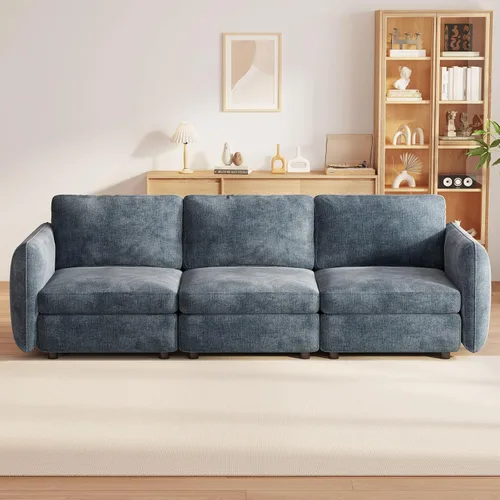 Vista 180 de Guyii Sofá modular de terciopelo, moderno sofá de 4 plazas de gran tamaño con 3 almohadas y reposapiés de almacenamiento, sofá convertible de 115.74