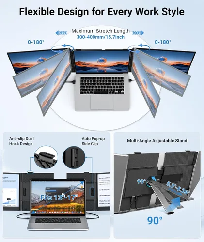 Vista 9 de Extensor de pantalla triple para portátil de 14", monitor portátil 2-Negro