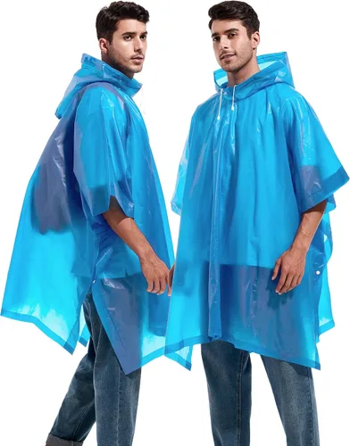 Vista 6 de Paquete de 2 ponchos de lluvia para adultos, reutilizables, impermeables, de supervivencia, emergencia, resistente, con capucha con cordón