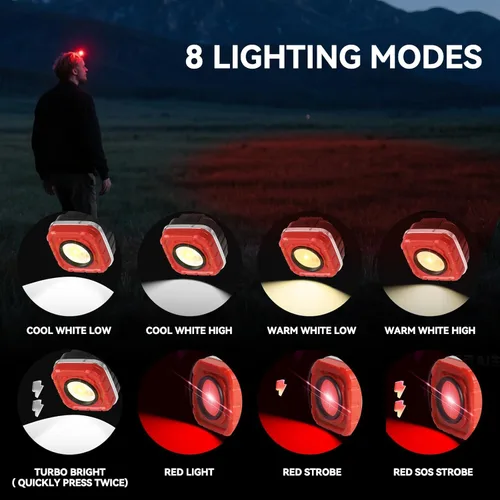 Vista 9 de Linterna LED recargable COB, paquete de 2, rojo y amarillo, 1000 lúmenes, ultra ligera, 8 modos de iluminación, impermeable, luz de trabajo