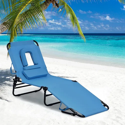 Vista 2 de GYMAX Sillón de playa, silla para tomar el sol, silla plegable ajustable reclinable con agujero para la cara