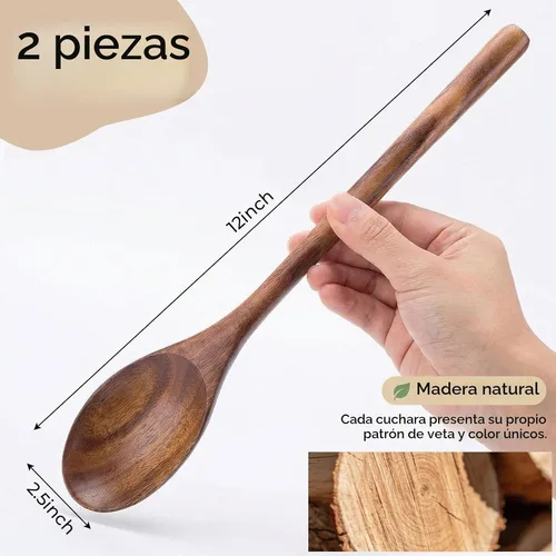 Vista 7 de HANSGO cucharas de madera para cocinar, 2 piezas de utensilio de cocina de madera de acacia, cucharas de servir de madera de 12 pulgadas