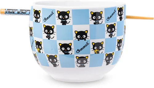 Silver Buffalo Hello Kitty y sus amigos Chococat - Tazón de cerámica para ramen y arroz con palillos, patrón a cuadros, apto para microondas, 20