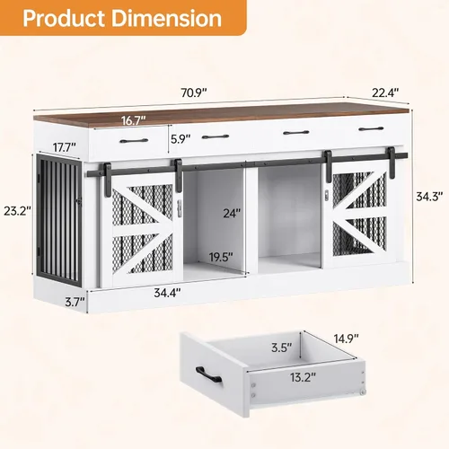 Vista 2 de Mueble de jaula para perros con divisor extraíble y 4 cajones de almacenamiento - Caseta de perro grande de madera de 71" mesa auxiliar