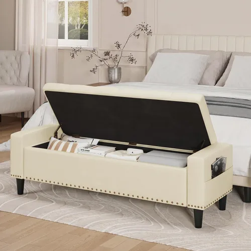 Vista 3 de Banco otomano de almacenamiento de 60 pulgadas, banco de cama tapizado de Blanco crema