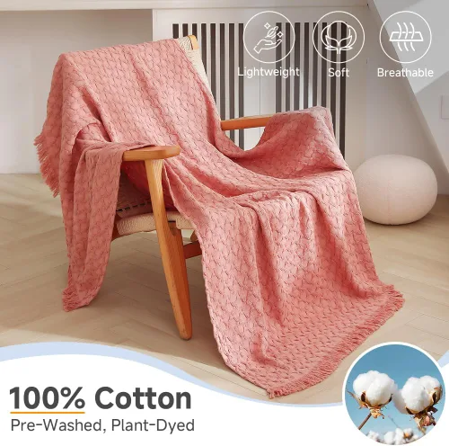 Vista 2 de Simple&Opulence Manta 100% algodón para sofá, cama, manta de punto gofre con borlas, suave, ligera, prelavada, transpirable, cómoda, decoración