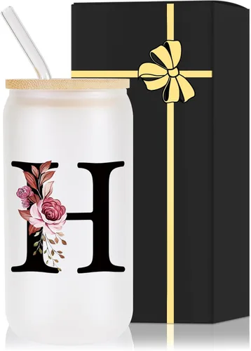 Vista 20 de Vaso de vidrio con monograma con tapa de bambú, popote personalizado, vaso de café helado de 16 onzas, tarro transparente de masón, cerveza, agua