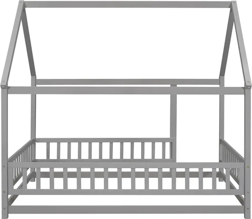 Vista 8 de Harper & Bright Designs Cama de suelo de tamaño matrimonial para niños, cama de madera con barandillas, diseño Montessori, techo en forma de casa