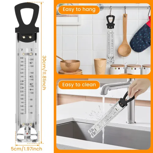 Vista 6 de Termómetro de acero inoxidable para dulces con clip para olla, termómetro de cocina con mango de anillo para colgar, termómetro de lectura