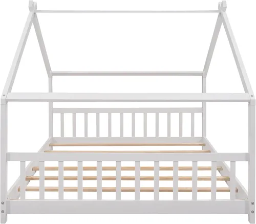 Vista 8 de Camas de madera Montessori tamaño matrimonial, cama de plataforma para niños con cabecero y estribo, no necesita somier (blanco)