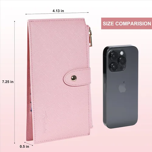 Vista 6 de Travelambo Billetera para mujer con bloqueo RFID plegable para múltiples tarjetas con bolsillo con cremallera, rosado (Pink Sakura), Minimalista