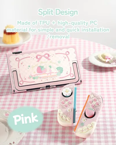 Vista 5 de GeekShare Strawberries with Cream Case Compatible with Switch 2, Slim Separable Soft Silicone Protective Shell with 2 Thumb Grip Caps - Pink