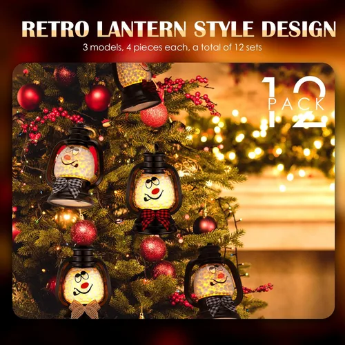 Vista 4 de ROCEEI 12 mini linternas de muñeco de nieve de Navidad decorativas con velas LED parpadeantes, lazo a cuadros, pequeño centro de mesa portátil
