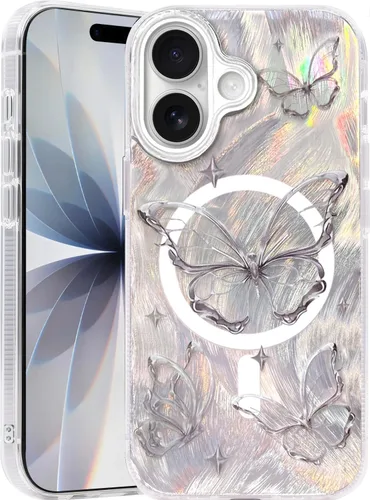 Vista 497 de I-MGAE-IN-AR - Funda diseñada para iPhone 12 y 12 Pro, diseño de mariposa plateada brillante, funda protectora de poliuretano termoplástico, suave