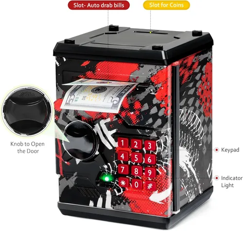 Vista 3 de Alcancía de cajero automático para niños y niñas, Vcertcpl - Mini alcancía de monedas con contraseña, caja de ahorro con agarre automático