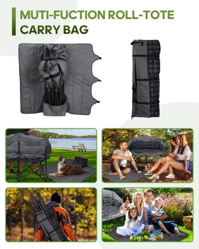 Vista 9 de Silla de campamento doble acolchada, sofá de campamento de gran tamaño para 2 personas con bolsa de transporte 2 en 1, silla de césped plegable