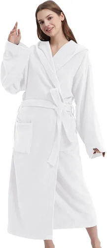 ZABER Batas de baño con capucha para hombres y mujeres, 100% algodón, esponjoso, cálido, patrón largo