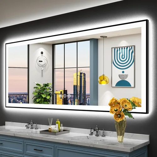 Vista 80 de Espejo de baño LED de 48 x 30 pulgadas con luces, retroiluminado + frontal iluminado, espejo de tocador con luz antiniebla para pared de baño con 3