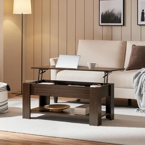 Vista 2 de Yaheetech Mesa de Centro con Tapa Elevable con Compartimento Oculto y Estante de Almacenamiento, Mesa de Comedor con Superficie Elevable para Sala