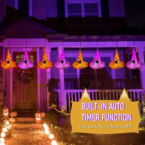 Vista 6 de WATERGLIDE Decoraciones de Halloween, 6 sombreros de bruja colgantes iluminados, con 8 modos de iluminación, cadena de luces de Halloween de 14