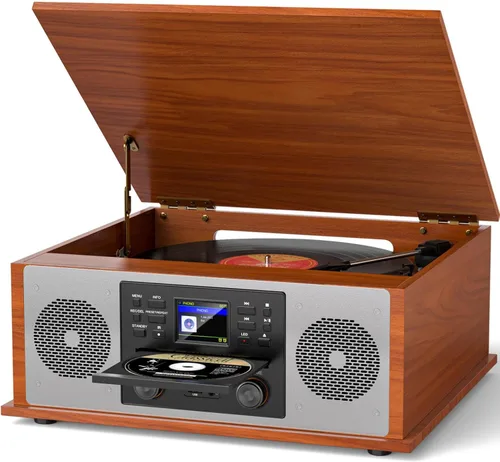 Tocadiscos Bluetooth retro 10 en 1 con altavoces estéreo, tocadiscos de vinilo de 3 velocidades, reproductor de CD, reproducción y grabación USB/SD