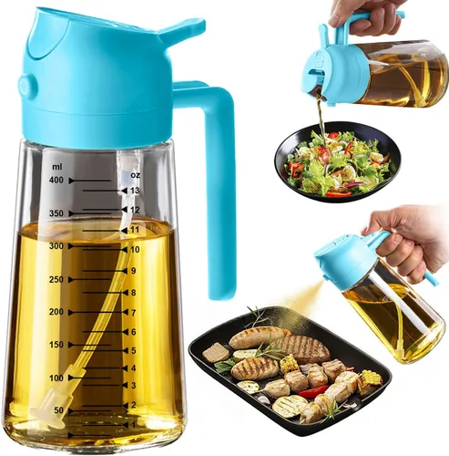 Vista 22 de TrendPlain Pulverizador de aceite de oliva de vidrio de 16 onzas / 15.9 fl oz para cocinar, botella dispensadora de aceite de oliva 2 en 1 para 2