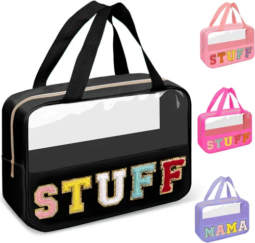 Vista 24 de izuzta Bolsas de maquillaje transparentes tipo tote con letras de chenilla, bolsa de maquillaje preppy con asa, Moda