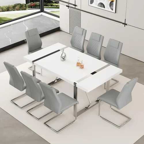Vista 26 de Juego de mesa de comedor moderna de 55 pulgadas para 4, mesa de comedor negra y marco de metal dorado, mesa de comedor rectangular con 4 sillas