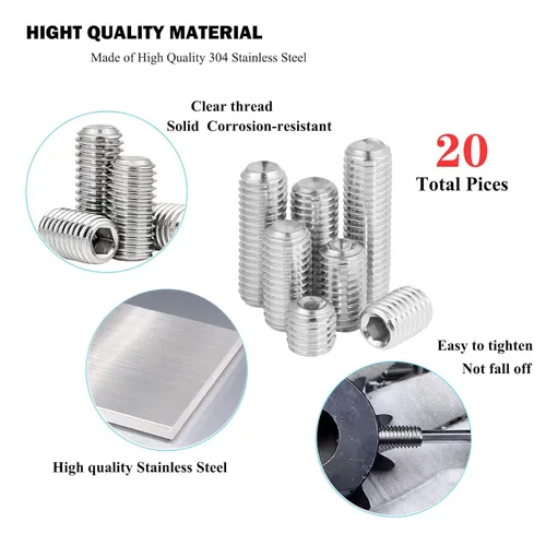 Vista 3 de Juego de 20 piezas de 5/16-18 pulgadas, 4 tamaños de rosca, juego de tornillos hexagonales de acero inoxidable 304 con rosca completa, tornillos