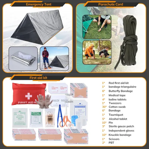 Vista 7 de Survival Kit, 250pcs Survival Tools Tactical Gear and Trauma Bag, Survival First Aid Kit with Molle Crossbody Bag & Emergency Tent for Earthquake